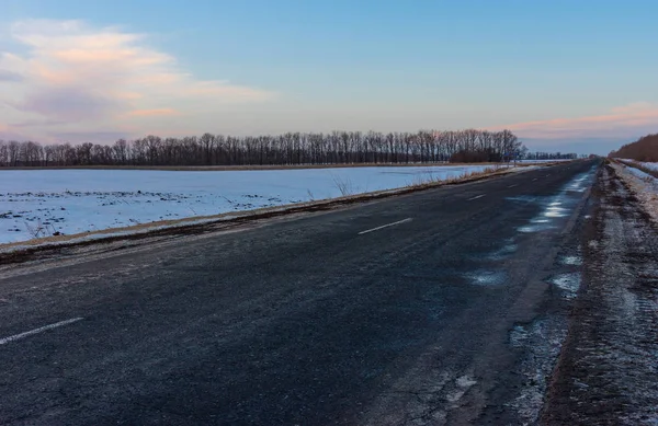 Winter Landscape Empty Country Road Ukraine Evening Time — Stock Photo, Image