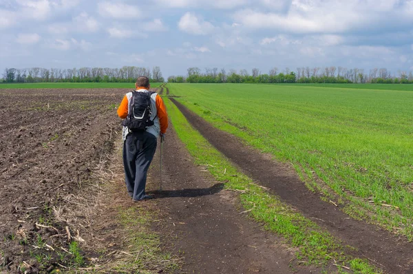 Komuta sizde bahar mevsimi, tarım alanları arasında ülke yolda yürürken