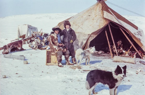 Çukçi Yarımadası, SSCB - 5 Mayıs 1983: Kafkas kadın pozlar Tundra yerli halkın İstasyonu ziyaret ederken Çukçi adamla