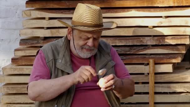 Bearded Senior Drinking Raw Hen Egg While Sitting Outdoor Pile — Stock Video