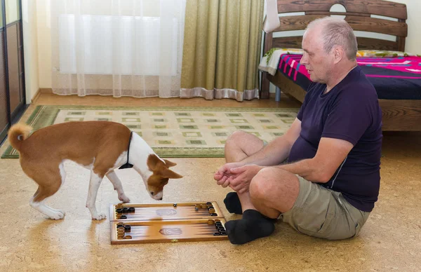 Junger Hund Und Reifer Mann Spielen Backgammon — Stockfoto