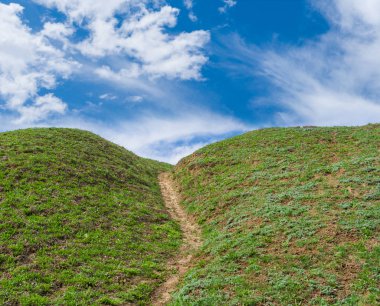Mavi-Yeşil gezegende yürüyüş yolu ile peyzaj.