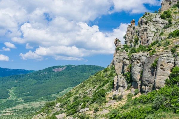 Spring landscape in Valley of Ghosts in Crimean mountains near Alushta resort, Ukraine.