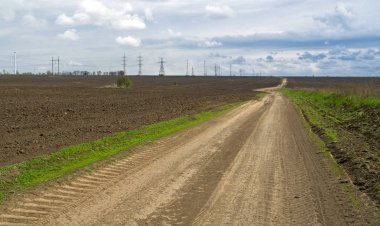 Ukrayna'da bahar tarlaları arasında Ülke yol.