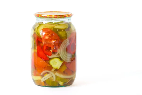 Mix Canned Vegetables Glass Jar Tomatoes Cucumber Onion Pepper — Stock Photo, Image