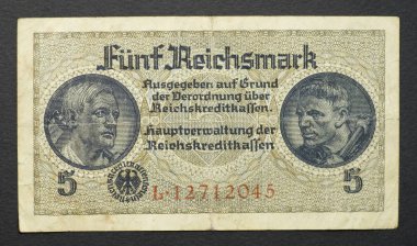 Almanya-yaklaşık 1940:5 Reichsmark değerinde bir banknot sağ tarafı, 1940 yaklaşık
