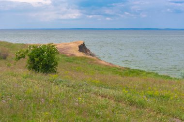 Kakhovka Rezervuar nehir kenarı Skelky köyü, Ukrayna yakınlarındaki Dnipro nehri üzerinde bulunan bahar manzara