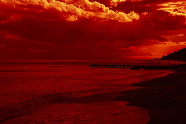 Dramatic Evening Black Sea Landscape Reddish Tint Crimean Peninsula — Stock Photo, Image