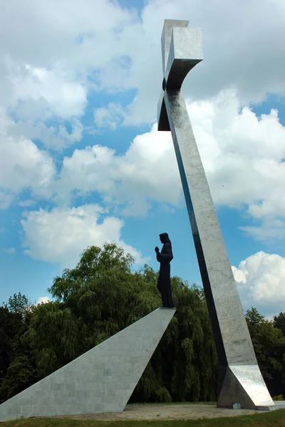 Przemysl Polônia Junho 2018 Monumento Cruz Confiança Com Estatueta Jesus — Fotografia de Stock