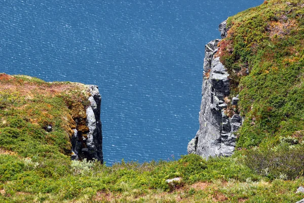 Grass Green Rocky Cliff Blue Water Background — Stock Photo, Image