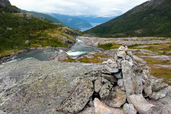 Vallée Husedalen Avec Cascade Quatre Cascades Kinsarvik Norvège — Photo