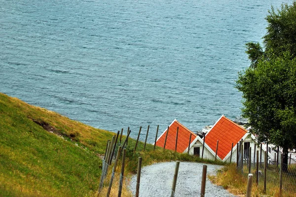 ノルウェーの海岸の家の赤い屋根 北欧の田園風景 — ストック写真