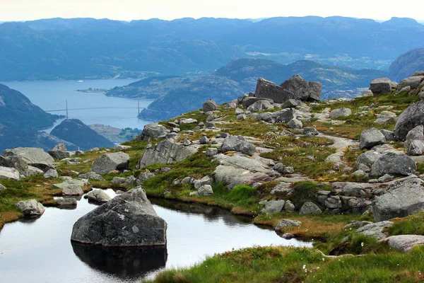 Pont Dessus Lysefjord Vue Montagne Neverdalsfjell Norvège — Photo
