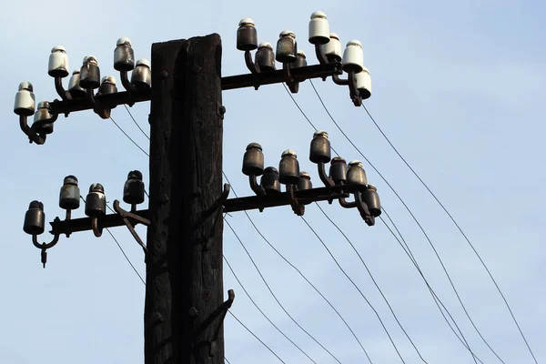 Velho Pilão Elétrico Madeira Abandonado Com Isoladores Fios — Fotografia de Stock