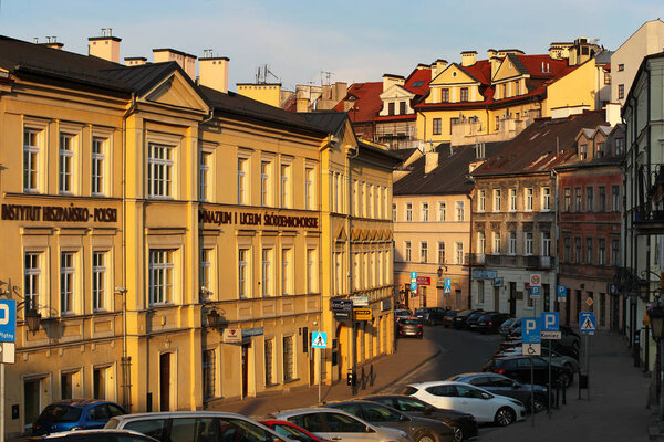 Lublin, Poland - April 30, 2018: View of Kowalska street with Spanish-Polish Mediterranean Institute and Lyceum in central Lublin.