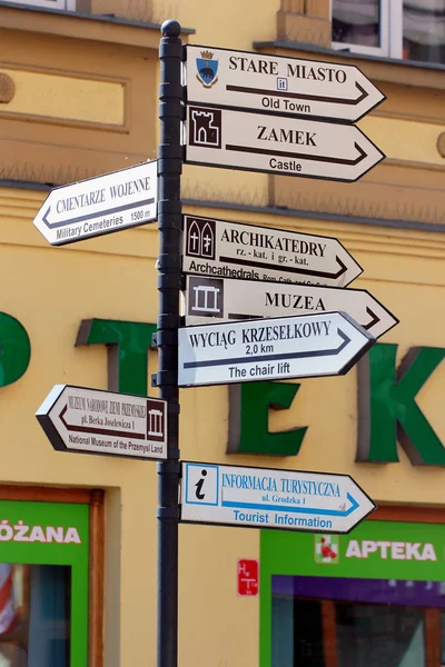 Przemysl Poland May 2018 Sign Post Pointer Arrows Main Tourist — Stock Photo, Image