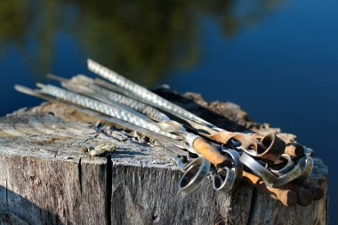 Ahşap arka plan üzerinde eski metal şişleri