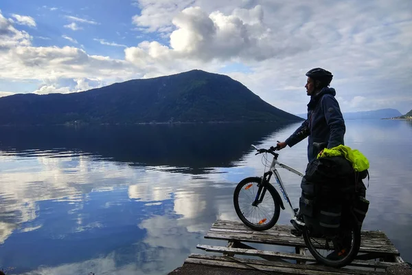 Dimmelsvik Norway June 2018 Bicyclist Touring Bike Stands Pier Looking — Stock Photo, Image