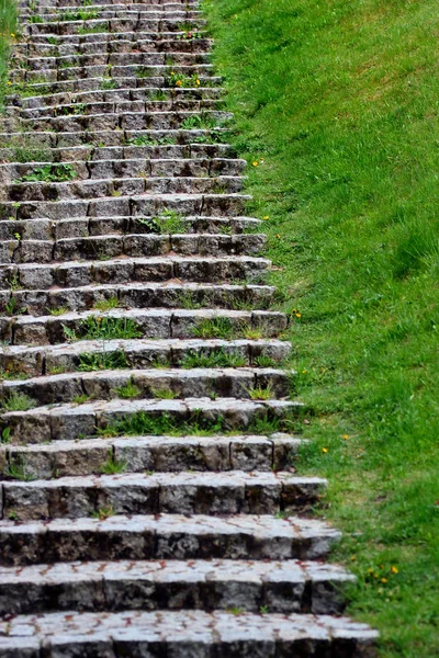 Viejas escaleras de piedra en verde pendiente cubierta de hierba — Foto de Stock