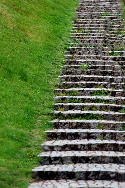 Viejas escaleras de piedra en verde pendiente cubierta de hierba — Foto de Stock
