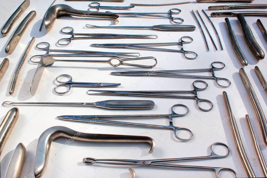 Old metal obstetric, gynecological and urological instruments