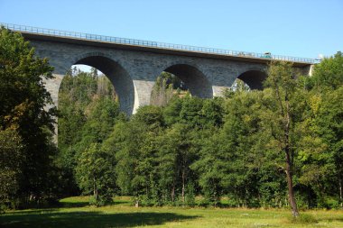 Pirk, Germany - September 21, 2025: The Elster Viaduct, a stone motorway bridge near Pirk, part of Weischlitz municipality, Saxony. It carries the motorway Bundesautobahn 72.