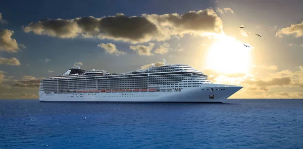 Denizde gün batımı ve yolcu gemisi, güzel gökyüzü ve kuşlar.