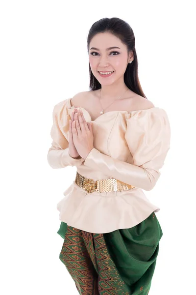 Mulher Feliz Tailandês Vestido Tradicional Pagar Respeito Isolado Fundo Branco — Fotografia de Stock