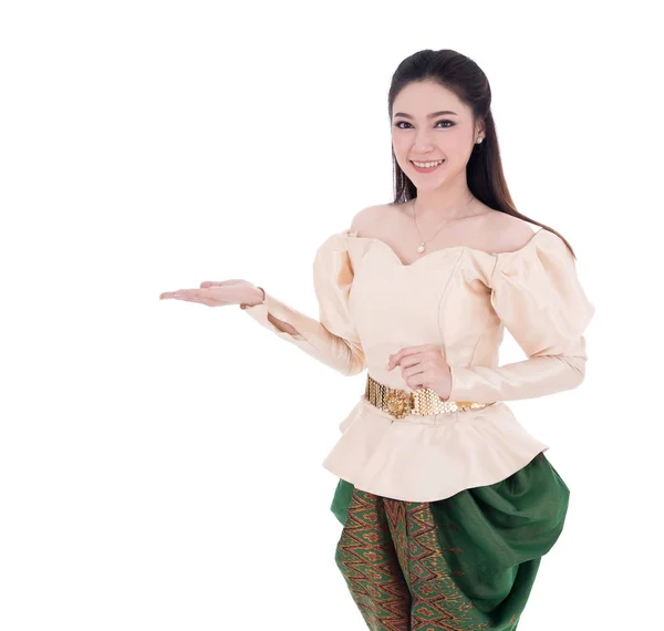 Beautiful Woman Thai Traditional Dress Empty Hand Isolated White Background — Stock Photo, Image