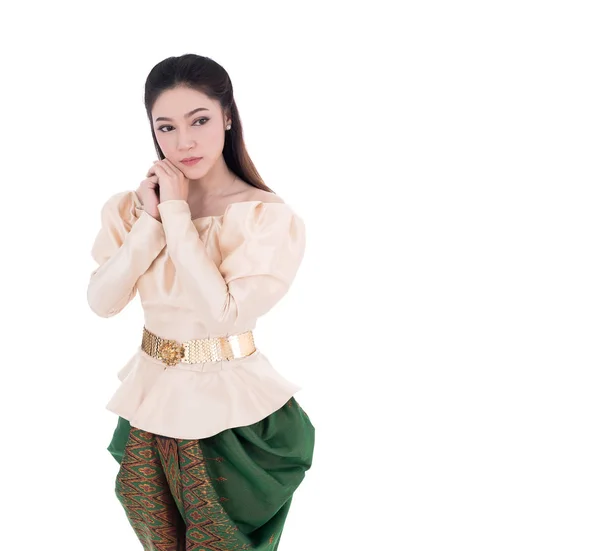 Femme Déprimée Robe Traditionnelle Thaïlandaise Isolée Sur Fond Blanc — Photo