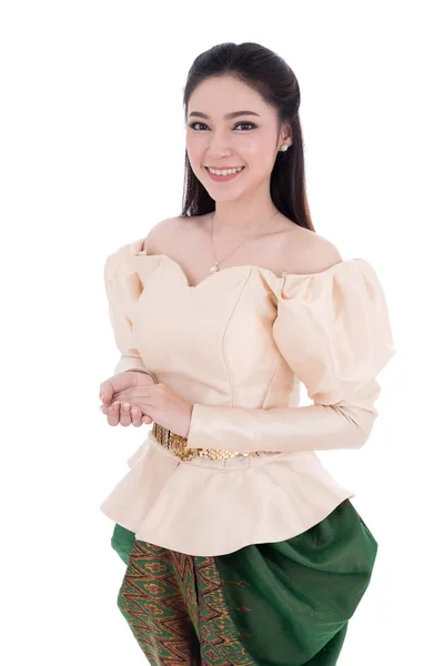 Mulher Bonita Feliz Tailandês Vestido Tradicional Isolado Fundo Branco — Fotografia de Stock