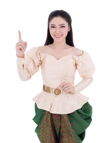 Beautiful Woman Inthai Traditional Dress Hand Pointing Isolated White Background — Stock Photo, Image