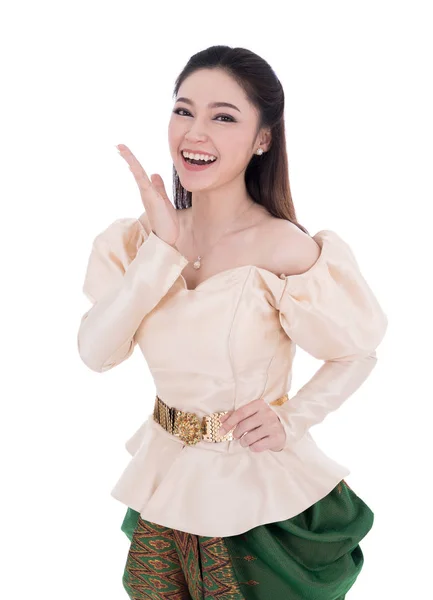 Mujer Sorprendida Vestido Tradicional Tailandés Aislado Sobre Fondo Blanco —  Fotos de Stock