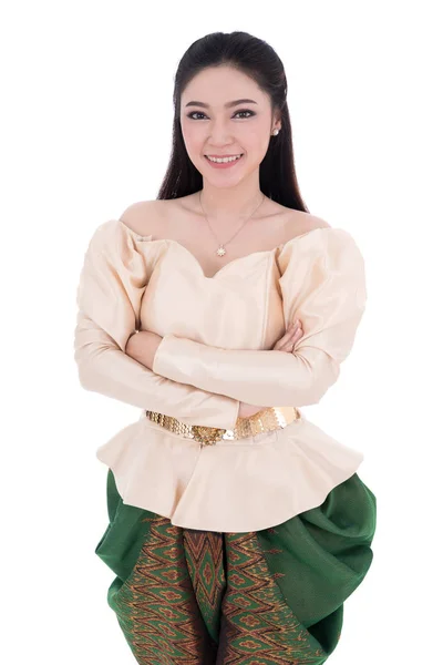 Vacker Kvinna Thailändska Traditionella Klänning Med Armarna Korsade Isolerad Vit — Stockfoto