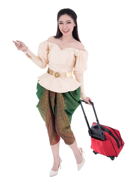 Happy Woman Thai Traditional Dress Walking Dragging Suitcases Isolated White — Stock Photo, Image