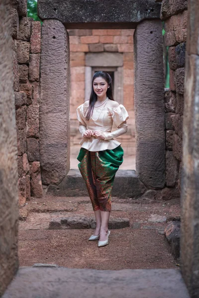 Happy Beautiful Woman Thai Traditional Dress — Stock Photo, Image
