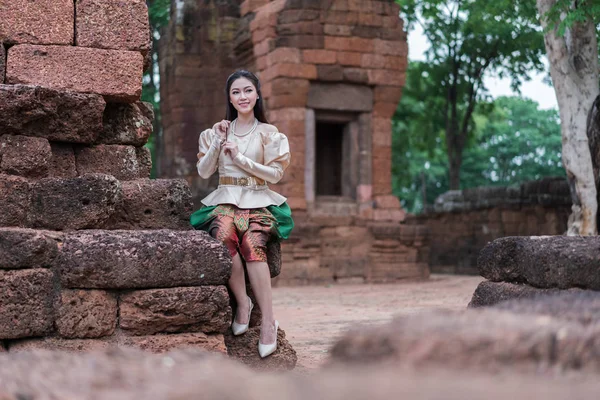 Happy Beautiful Woman Thai Traditional Dress — Stock Photo, Image