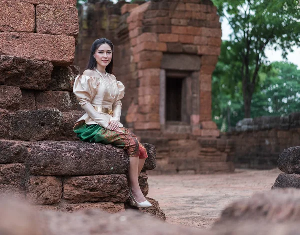 Happy Beautiful Woman Thai Traditional Dress — Stock Photo, Image