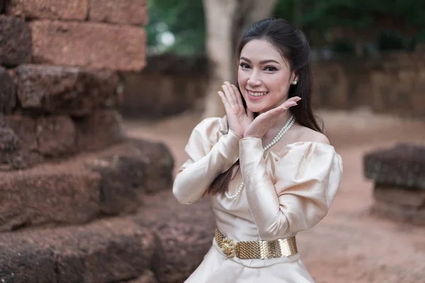 Happy Beautiful Woman Thai Traditional Dress — Stock Photo, Image