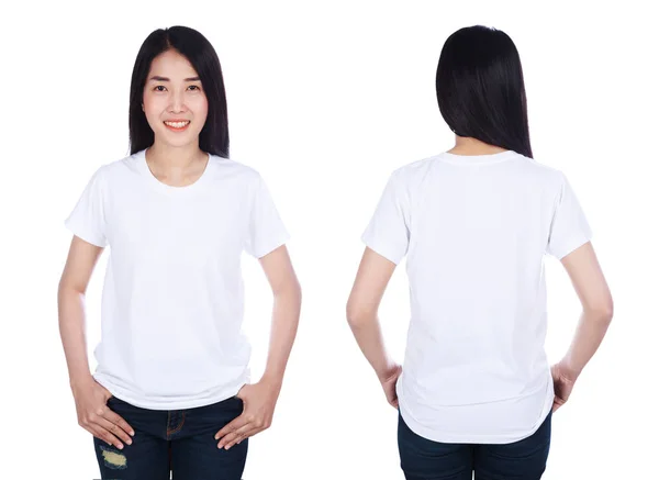 Femme Shirt Blanc Isolé Sur Fond Blanc — Photo