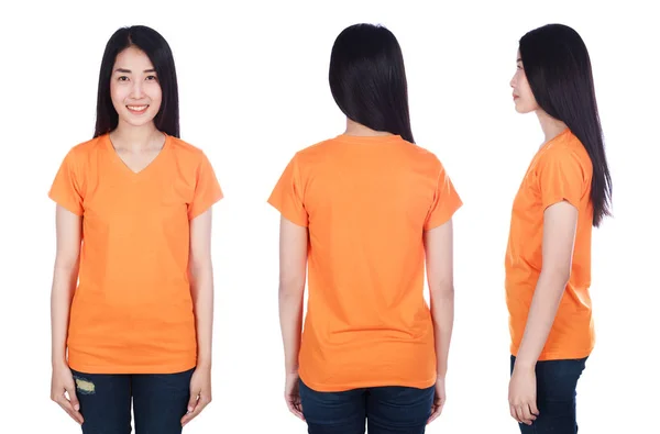 Vrouw Oranje Shirt Geïsoleerd Een Witte Achtergrond — Stockfoto