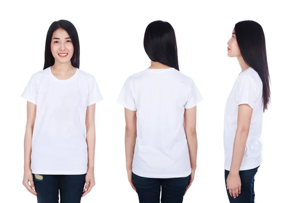 Vrouw Wit Shirt Geïsoleerd Een Witte Achtergrond — Stockfoto