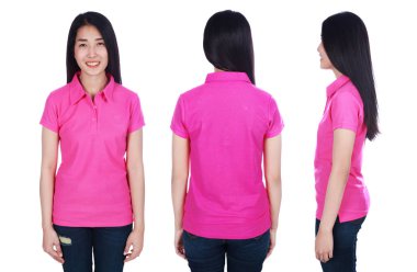 pembe polo gömlek beyaz bir arka plan üzerinde izole kadın