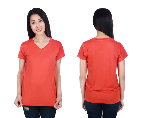 Femme Shirt Rouge Isolé Sur Fond Blanc — Photo