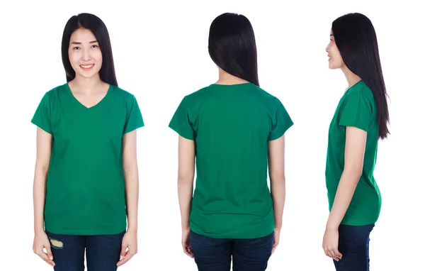 白い背景に分離された緑の シャツの女性 — ストック写真