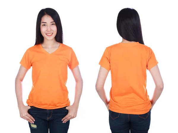 Vrouw Oranje Shirt Geïsoleerd Een Witte Achtergrond — Stockfoto