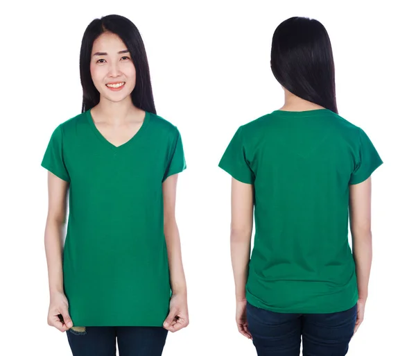 Žena Zeleném Tričku Izolovaných Bílém Pozadí — Stock fotografie