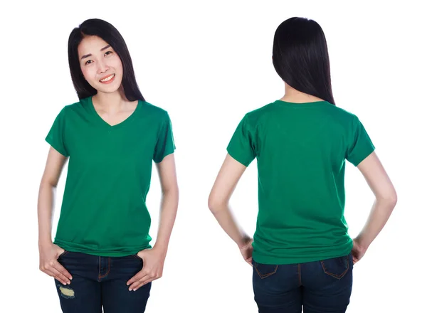 Vrouw Groene Shirt Geïsoleerd Een Witte Achtergrond — Stockfoto