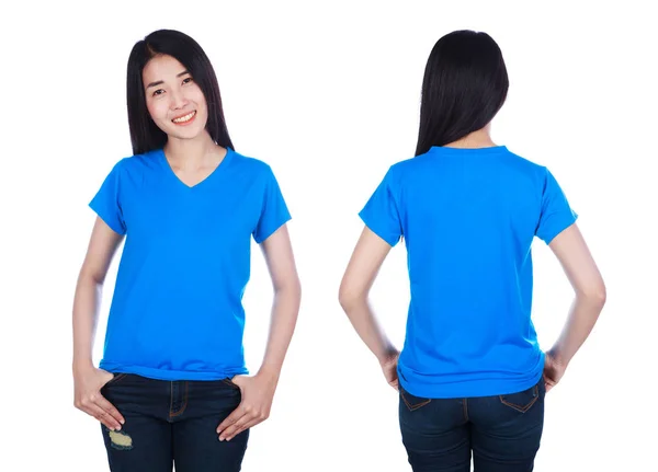 Žena Modrém Tričku Izolované Bílém Pozadí — Stock fotografie