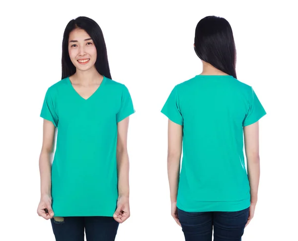 Woman Green Shirt Isolated White Background — Stock Photo, Image
